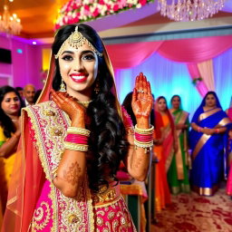 A stunning Indian bride adorned in a traditional wedding outfit, featuring intricate gold embroidery and a vibrant colored lehenga