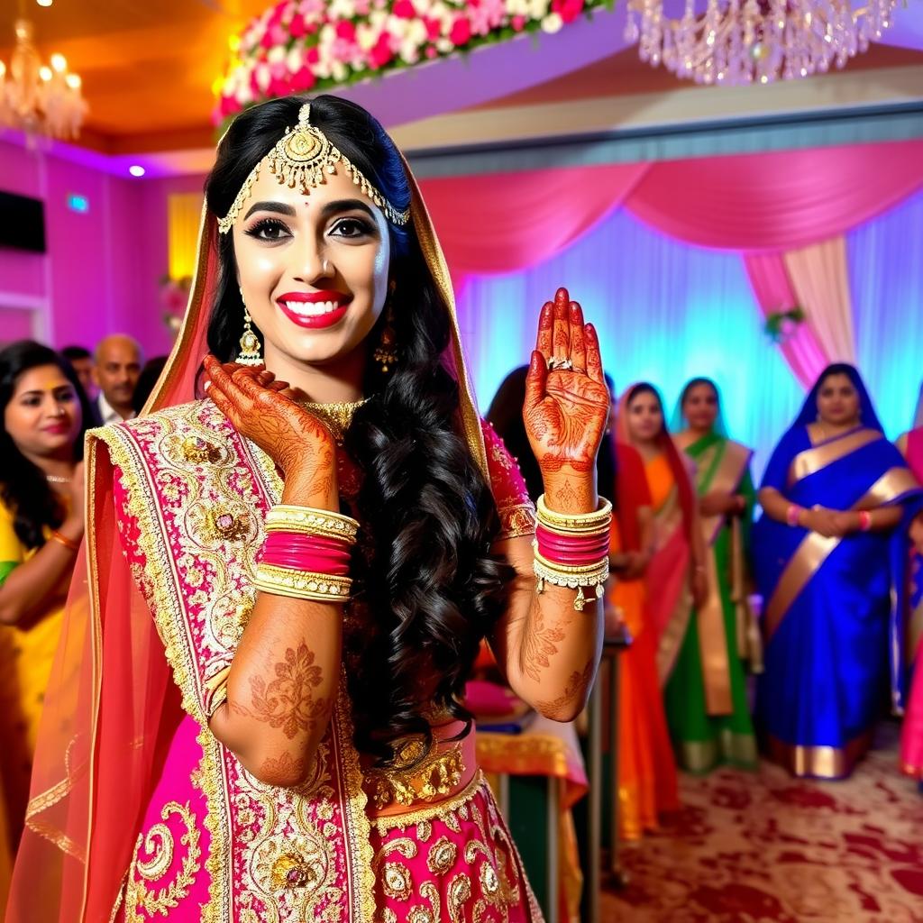 A stunning Indian bride adorned in a traditional wedding outfit, featuring intricate gold embroidery and a vibrant colored lehenga