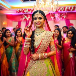 A stunning Indian bride adorned in a traditional wedding outfit, featuring intricate gold embroidery and a vibrant colored lehenga