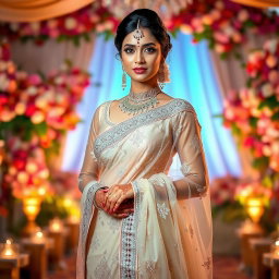 An elegant Indian bride wearing a stunning, transparent saree that gracefully drapes around her figure