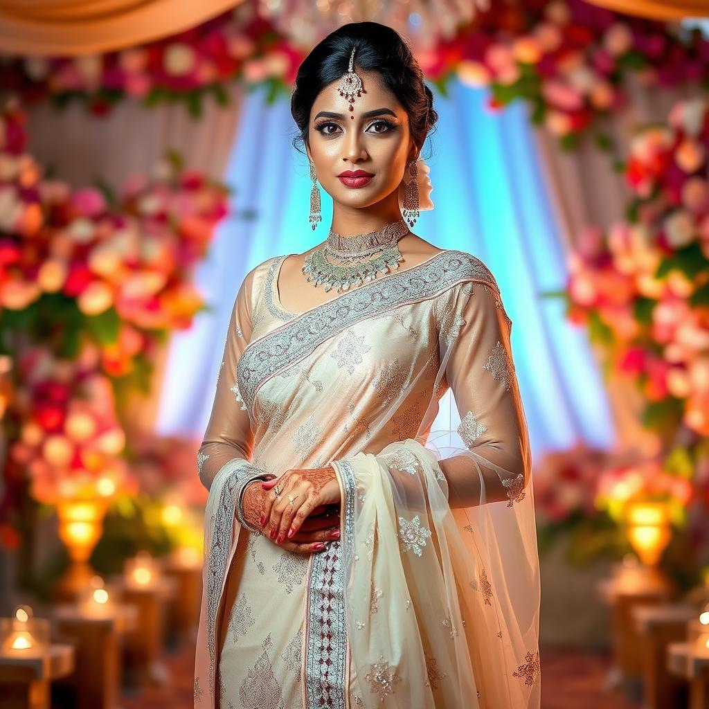 An elegant Indian bride wearing a stunning, transparent saree that gracefully drapes around her figure