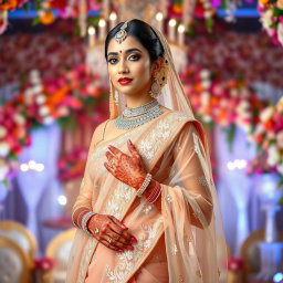 An elegant Indian bride wearing a stunning, transparent saree that gracefully drapes around her figure