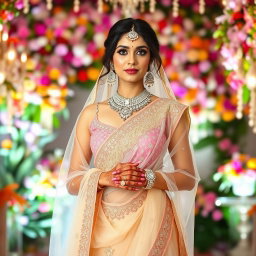 An elegant Indian bride wearing a stunning, transparent saree that gracefully drapes around her figure