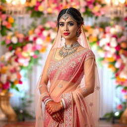 An elegant Indian bride wearing a stunning, transparent saree that gracefully drapes around her figure