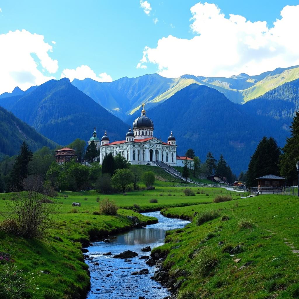 A picturesque landscape of Bulgaria, showcasing the beautiful Rila Monastery surrounded by majestic mountains and lush greenery