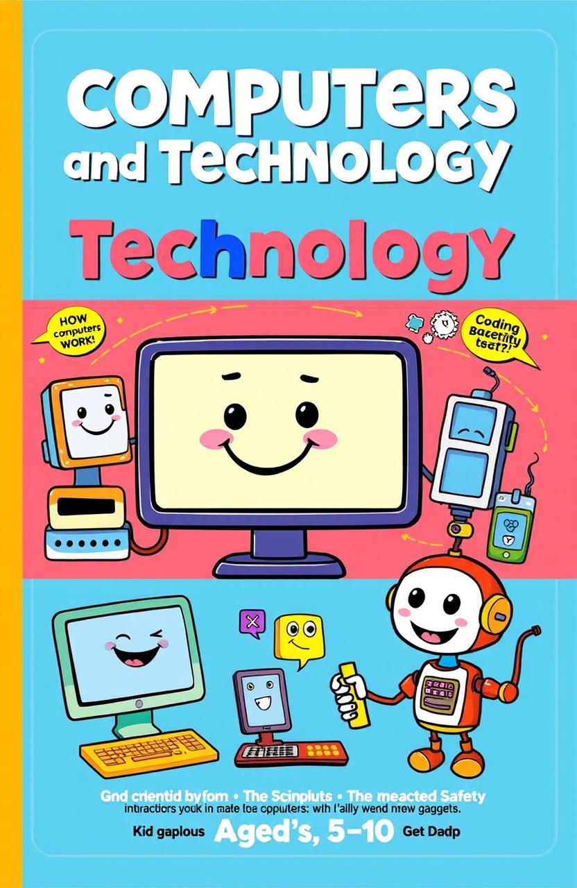 A colorful, engaging children's book about computers and technology, featuring friendly cartoon characters like a smiling computer, a cheerful robot, and playful gadgets