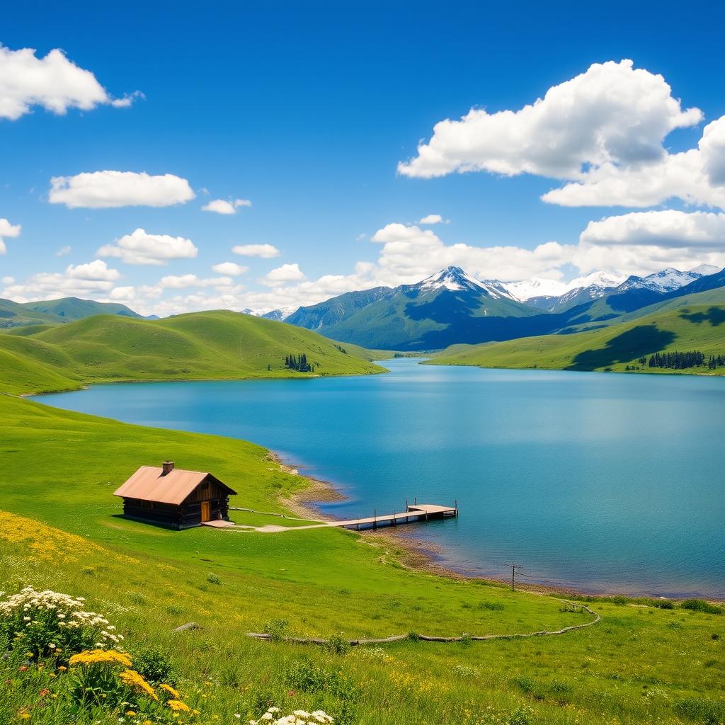 A scenic landscape with rolling green hills under a clear blue sky, dotted with fluffy white clouds
