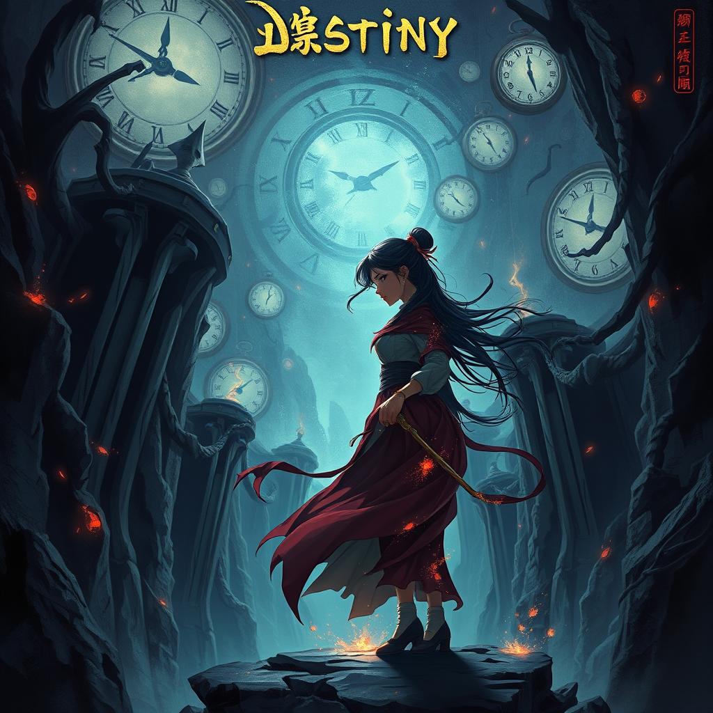 An intense and surreal illustration depicting Tian Tian, a resilient woman caught in a cycle of death and rebirth, standing at the edge of a mystical chasm that symbolizes the gateway between life and death