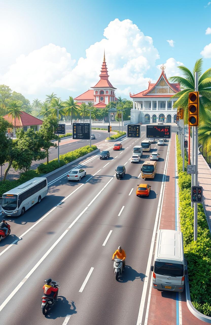A detailed illustration of an Indonesian road management system, featuring advanced traffic monitoring technologies, integrated traffic signals, and efficient road signage