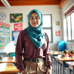 A busty Indonesian woman wearing a fashionable headscarf, showcasing her unique cultural style, paired with sexy yet professional work clothes suitable for a school environment