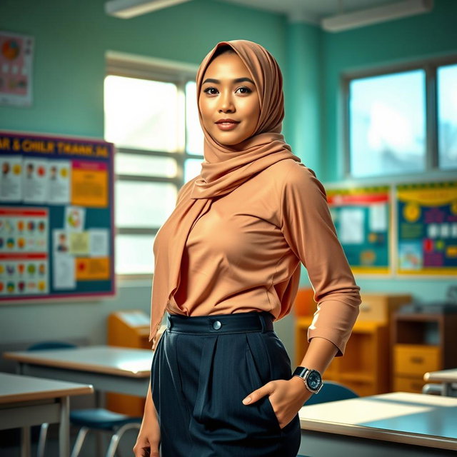 A busty Indonesian woman wearing a fashionable headscarf, showcasing her unique cultural style, paired with sexy yet professional work clothes suitable for a school environment