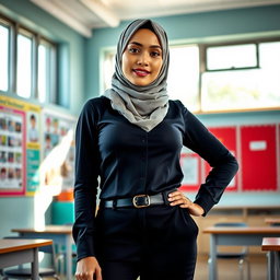 A busty Indonesian woman wearing a fashionable headscarf, showcasing her unique cultural style, paired with sexy yet professional work clothes suitable for a school environment