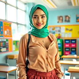 A busty Indonesian woman wearing a fashionable headscarf, showcasing her unique cultural style, paired with sexy yet professional work clothes suitable for a school environment
