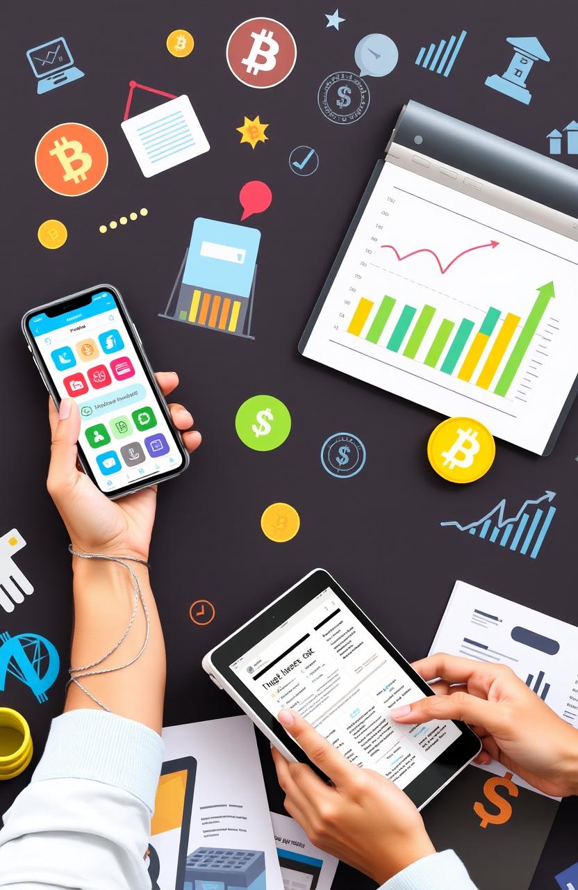 A comprehensive guide to financial literacy in the digital era, featuring elements that represent practical advice and tips for achieving financial health