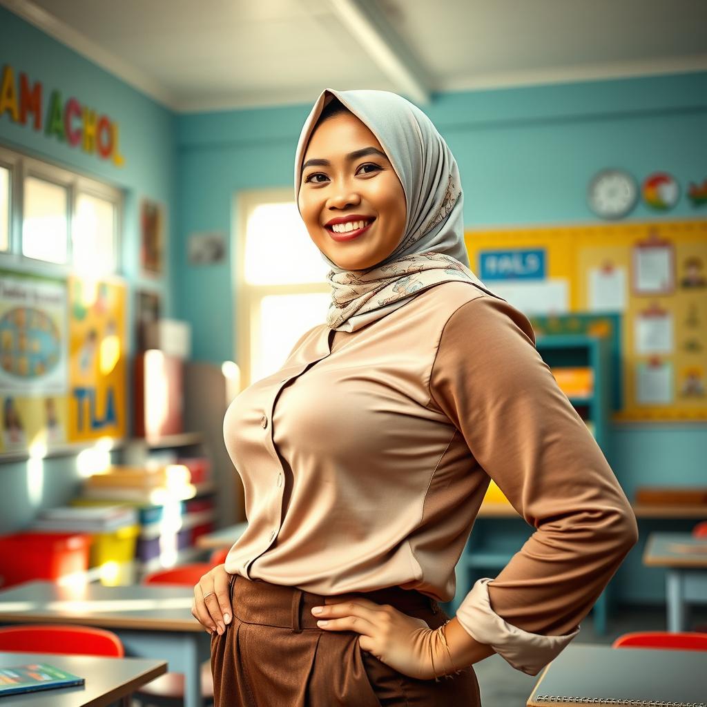 A busty Indonesian woman, affectionately showcasing her montok figure, wearing a stylish headscarf that reflects her cultural heritage