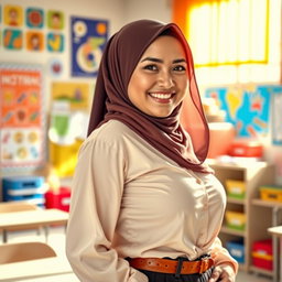 A busty Indonesian woman, affectionately showcasing her montok figure, wearing a stylish headscarf that reflects her cultural heritage