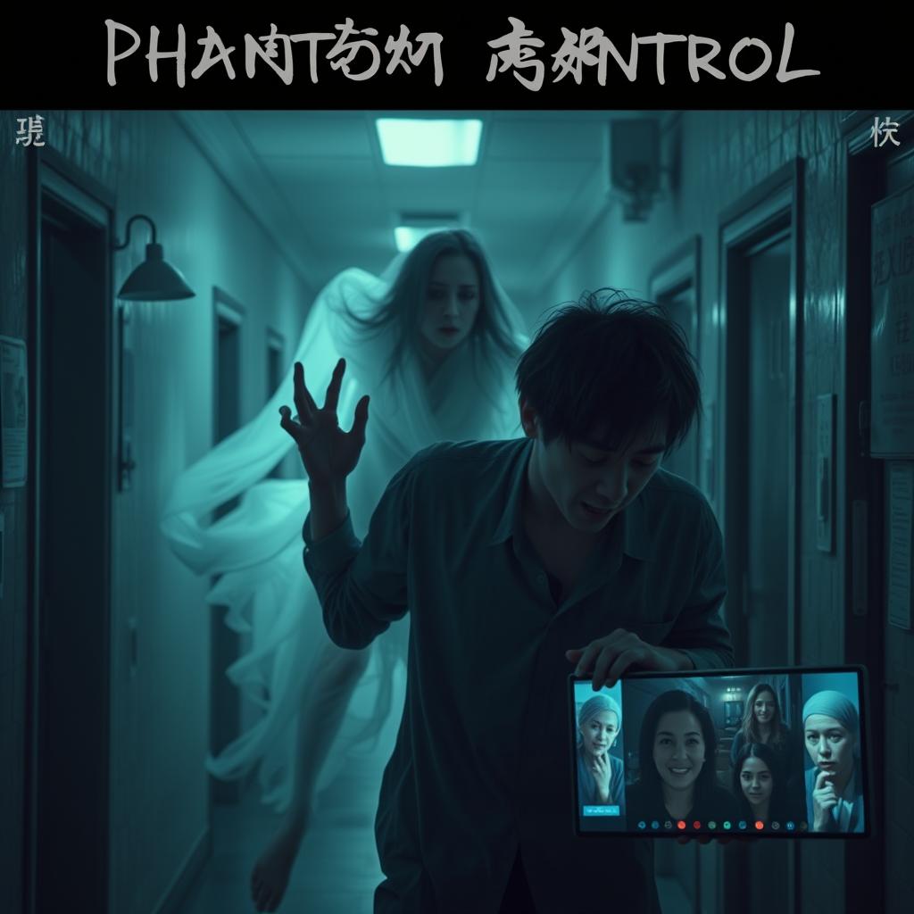 A chilling and suspenseful scene capturing the moment during a live adventure broadcast in a deserted, haunted hospital, featuring Zhang Yi, the unsuspecting host