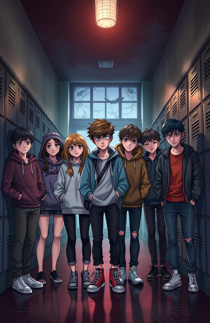 A school-themed cover illustrating ten teenagers standing together, each with distinct expressions that reflect their own personal traumas