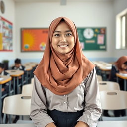 Seorang gadis montok berkerudung yang mengenakan pakaian kerja yang modis dan profesional, cocok untuk lingkungan sekolah di Indonesia