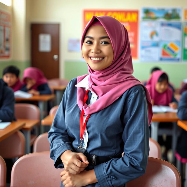 Seorang gadis montok berkerudung yang mengenakan pakaian kerja yang modis dan profesional, cocok untuk lingkungan sekolah di Indonesia