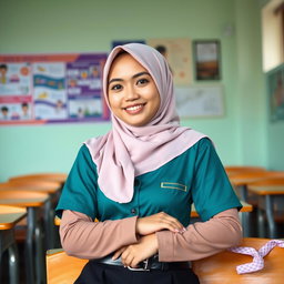 Seorang gadis montok berkerudung yang mengenakan pakaian kerja yang modis dan profesional, cocok untuk lingkungan sekolah di Indonesia