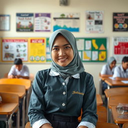 Seorang gadis montok berkerudung yang mengenakan pakaian kerja yang modis dan profesional, cocok untuk lingkungan sekolah di Indonesia