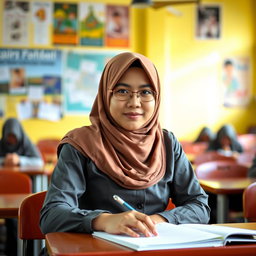 Seorang gadis montok dan semok berkerudung yang mengenakan pakaian kerja ketat, memberikan tampilan menarik namun tetap profesional, sesuai untuk lingkungan sekolah di Indonesia