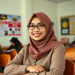 Seorang gadis montok dan semok berkerudung yang mengenakan pakaian kerja ketat, memberikan tampilan menarik namun tetap profesional, sesuai untuk lingkungan sekolah di Indonesia
