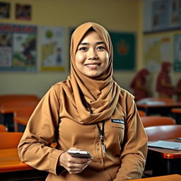 Seorang gadis montok dan semok berkerudung yang mengenakan pakaian kerja ketat, memberikan tampilan menarik namun tetap profesional, sesuai untuk lingkungan sekolah di Indonesia