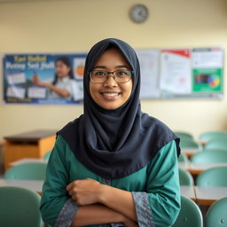 Seorang gadis montok dan semok berkerudung yang mengenakan pakaian kerja ketat, memberikan tampilan menarik namun tetap profesional, sesuai untuk lingkungan sekolah di Indonesia