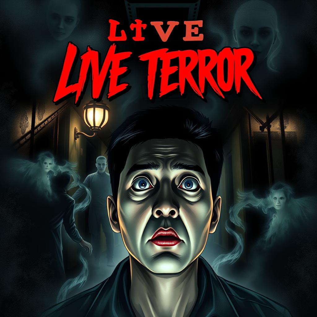 An eerie and gripping book cover design for 'Live Terror', illustrating an unsettling scene from a live broadcast in a haunted location