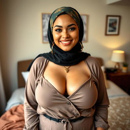 A beautiful 25-year-old woman wearing a stylish headscarf, showcasing her very large and attractive bust (size 36)