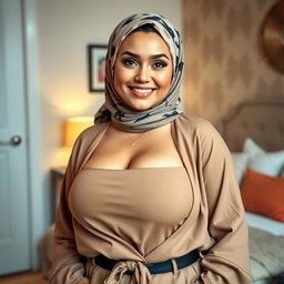 A beautiful 25-year-old woman wearing a stylish headscarf, showcasing her very large and attractive bust (size 36)