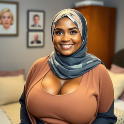 A beautiful 25-year-old woman wearing a stylish headscarf, showcasing her very large and attractive bust (size 36)