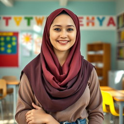 A beautiful 20-year-old woman wearing a stylish headscarf that complements her look, showcasing her very large and attractive bust (size 36)