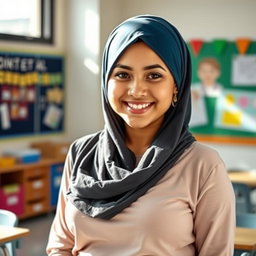 A beautiful 20-year-old woman wearing a stylish headscarf that complements her look, showcasing her very large and attractive bust (size 36)