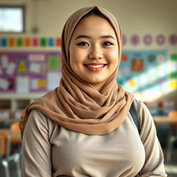 A beautiful 20-year-old woman wearing a stylish headscarf that complements her look, showcasing her very large and attractive bust (size 36)
