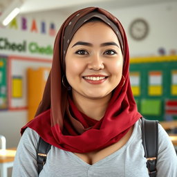 A beautiful 20-year-old woman wearing a stylish headscarf that complements her look, showcasing her very large and attractive bust (size 36)