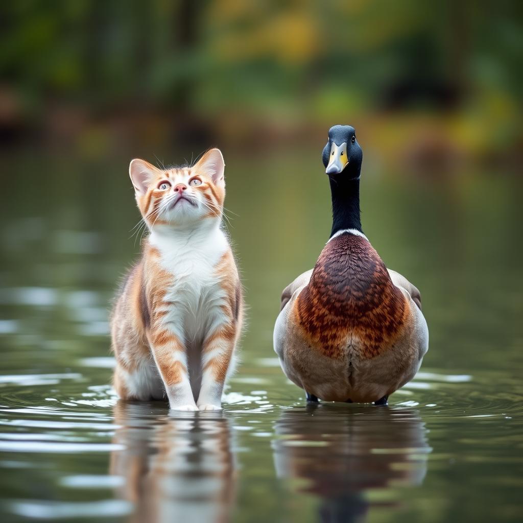 A serene scene featuring a cat and a duck standing together in a tranquil body of water