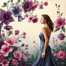 A beautifully designed painting that radiates elegance and sophistication, featuring an intricate arrangement of blooming flowers in rich colors such as deep purples, soft pinks, and vibrant blues