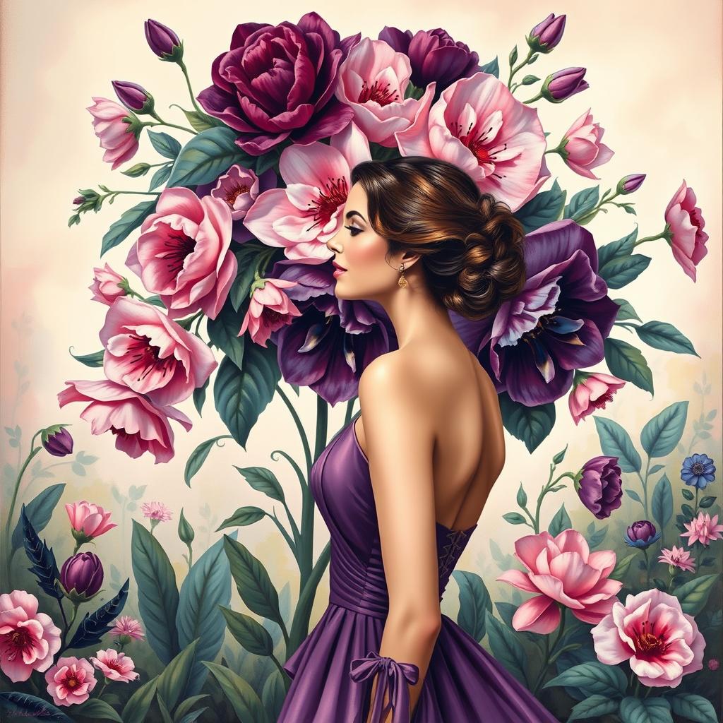 A beautifully designed painting that radiates elegance and sophistication, featuring an intricate arrangement of blooming flowers in rich colors such as deep purples, soft pinks, and vibrant blues