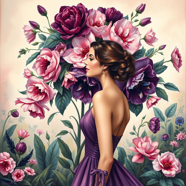 A beautifully designed painting that radiates elegance and sophistication, featuring an intricate arrangement of blooming flowers in rich colors such as deep purples, soft pinks, and vibrant blues