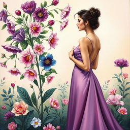A beautifully designed painting that radiates elegance and sophistication, featuring an intricate arrangement of blooming flowers in rich colors such as deep purples, soft pinks, and vibrant blues