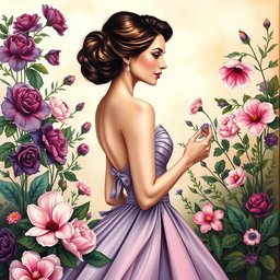 A beautifully designed painting that radiates elegance and sophistication, featuring an intricate arrangement of blooming flowers in rich colors such as deep purples, soft pinks, and vibrant blues