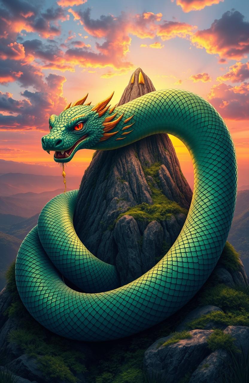 A highly detailed depiction of Vasuki Indicus, a legendary serpent from Indian mythology, coiling majestically around Mount Meru