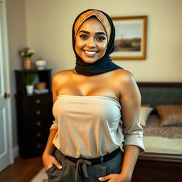 A beautiful 25-year-old woman wearing a stylish headscarf, showcasing her very large and attractive bust (size 36)
