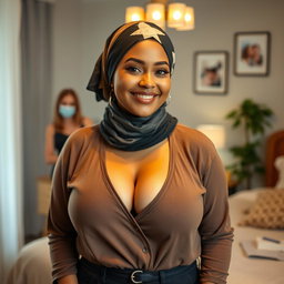 A beautiful 25-year-old woman wearing a stylish headscarf, showcasing her very large and attractive bust (size 36)