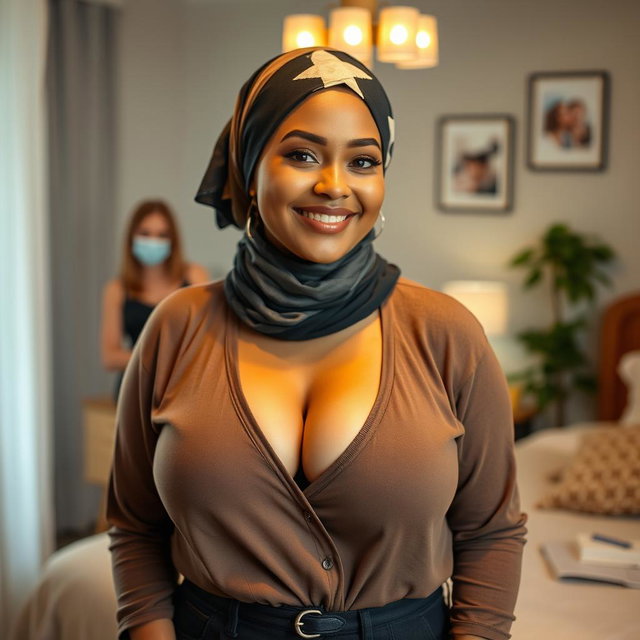 A beautiful 25-year-old woman wearing a stylish headscarf, showcasing her very large and attractive bust (size 36)