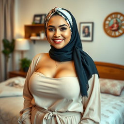 A beautiful 25-year-old woman wearing a stylish headscarf, showcasing her very large and attractive bust (size 36)