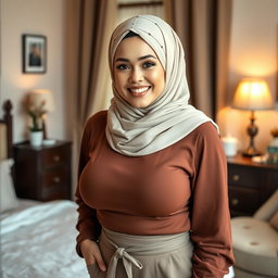 A beautiful 25-year-old woman wearing a stylish headscarf, showcasing her very large and attractive bust (size 36)